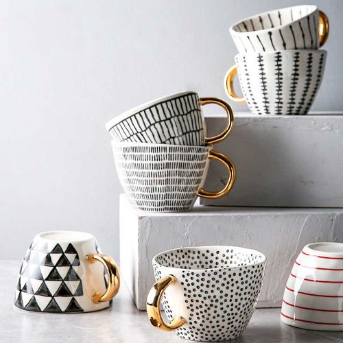 Hand Painted Geometric Ceramic Coffee Mug With Gold Handle