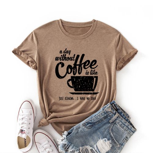 Fashion T-Shirt Letter Coffee Cup Printed O Neck Short Sleeve