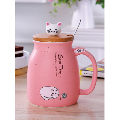 Milk Cup 450ml Cartoon Ceramics Cat Mug With Lid and Spoon Coffee Milk Tea Mugs Breakfast Cup Drinkware Novelty Gifts Tea Cup 