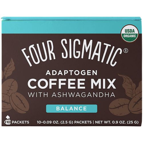 ADAPTOGEN COFFEE BY FOUR SIGMATIC, ORGANIC MEDIUM ROAST INSTANT COFFEE WITH ASHWAGANDHA, CHAGA & TULSI, IMMUNE SUPPORT & STRESS RELIEF, KETO, 10 COUNT