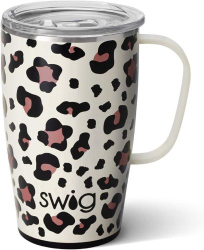 Swig Life 18oz Travel Mug with Handle and Lid, Stainless Steel, Dishwasher Safe, Cup Holder Friendly, Triple Insulated Coffee Mug Tumbler in Luxy Leopard Print