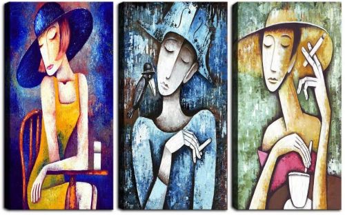 Colorful Woman Smokes and Drinking Coffe Canvas Painting Wall Art Print Abstract Graffiti Artwork Picture Modern Decor for Bedroom Living Room Wooden Framed Readt to Hang(14''W x 28''H x 3Panels)