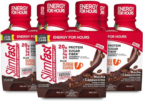 SLIMFAST ADVANCED ENERGY MOCHA CAPPUCCINO SHAKE – READY TO DRINK MEAL REPLACEMENT – 20G OF PROTEIN – 11 FL OZ BOTTLE – 12 COUNT - PANTRY FRIENDLY